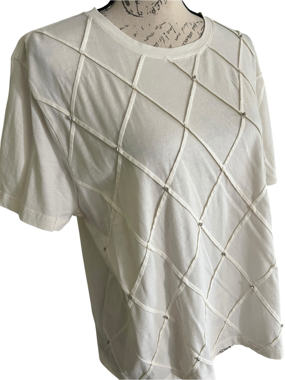 J. Crew Factory Cream Short-Sleeve Beaded Diamond Knit Top - Picture 3 of 7